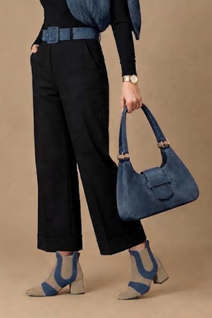 Dress ankle boots side elastics in tan beige, denim blue and bronze beige leather with low flare heels and round toe - Worn view